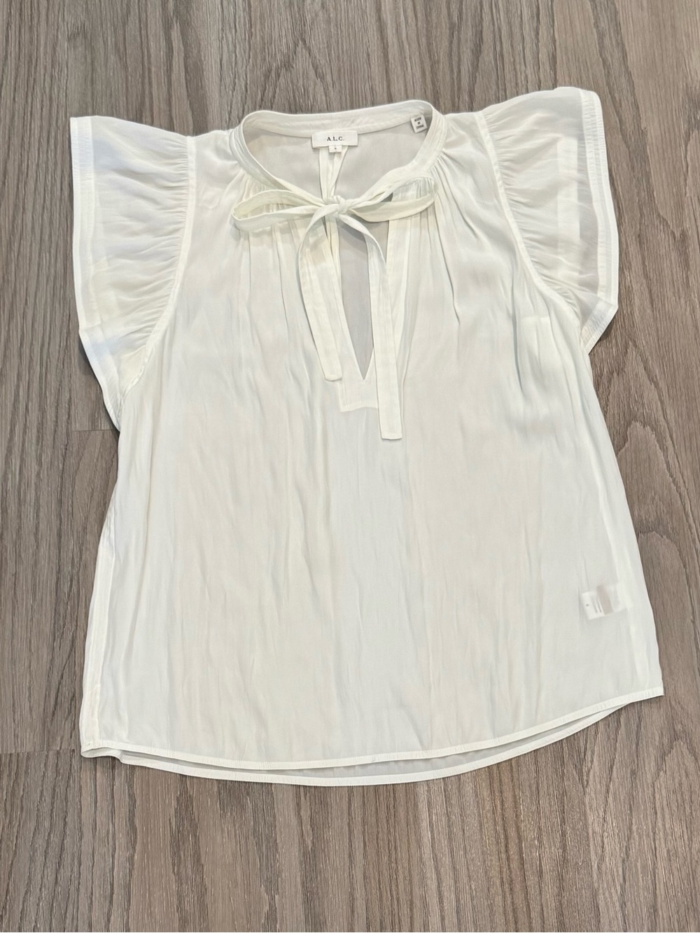A.L.C. Carmen Top Flutter Sleeve Tie Neck Blouse Cream Ivory Coconut Satin 4